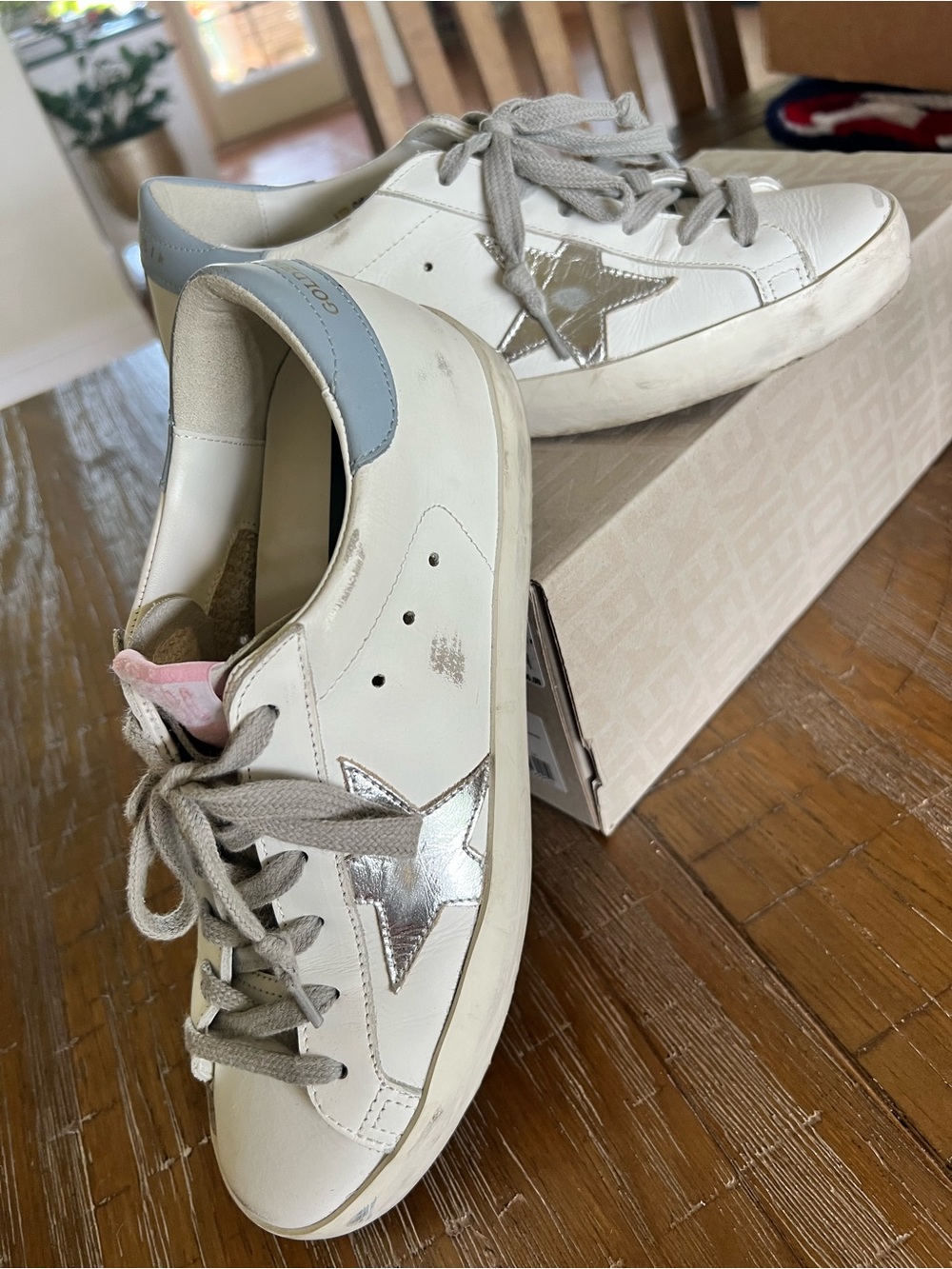 Golden Goose White Sneakers with Silver Star and Light Blue Heel